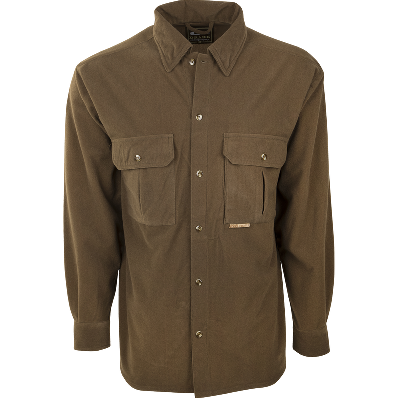 A brown Three Pocket Micro-Fleece Shirt with button-down collar and two chest pockets. Hidden Magnattach™ pocket. Soft, warm, and breathable. Ideal for fall and winter outdoor activities.
