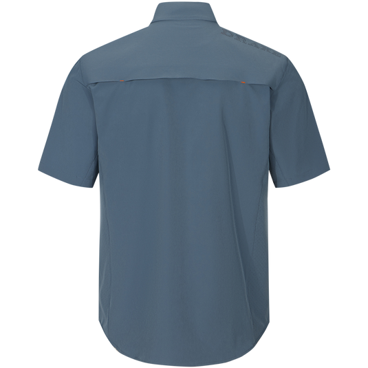 Lake Shore Performance Short Sleeve Shirt, showcasing a back view with vented cape back and button-through flap chest pockets, highlighting its technical features and classic fit.