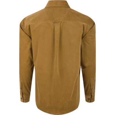 Mid-Wale Corduroy Shirt, back view, showing a soft-textured fabric, straight back yoke with pleat, locker loop, and rounded hem, ideal for versatile wear.