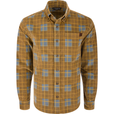 Mid-Wale Corduroy Shirt with a plaid pattern, button-down collar, chest pocket, and sculpted hem. Offers comfort with stretch, suitable for casual or active wear.