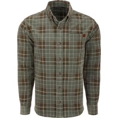 Mid-Wale Corduroy Shirt on mannequin, featuring a green and brown plaid pattern, button-down collar, chest pocket, and sculpted hem for versatile styling.