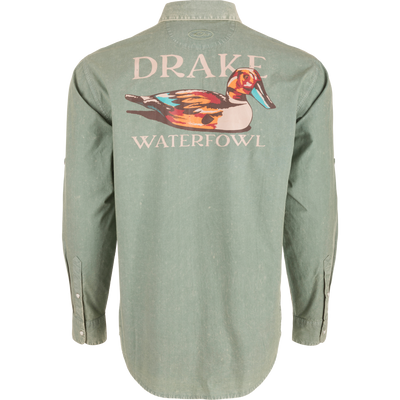 Cinco Ranch Cotton Acid Wash Graphic Shirt on mannequin, featuring multicolored duck graphic and DRAKE WATERFOWL text across shoulders, highlighting vintage style and western features.