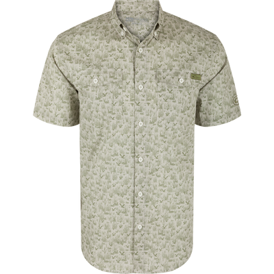 Men's Cotton Marsh Print Short Sleeve Shirt with marsh-grass print, two button-flap chest pockets, and a traditional button-down collar, ideal for outdoor activities.