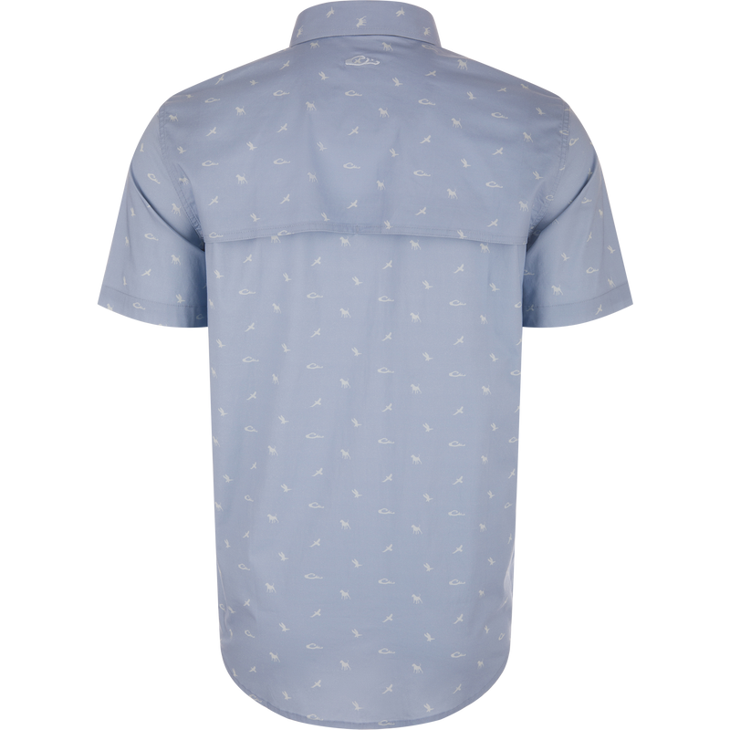 Back view of the Cotton DDD Print Shirt, featuring a vented yoke and small white silhouettes of birds and fish on a light-blue, short-sleeve design.