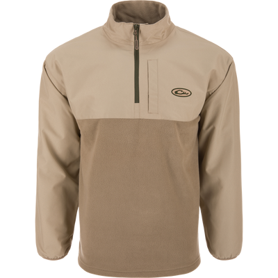 The Waterfowl MST Quarter Zip Refuge Eqwader Jacket features a tan and brown design, quarter-zip front, long sleeves, stand-up collar, and small logo—ideal with breathable waders for waterfowl hunting adventures.
