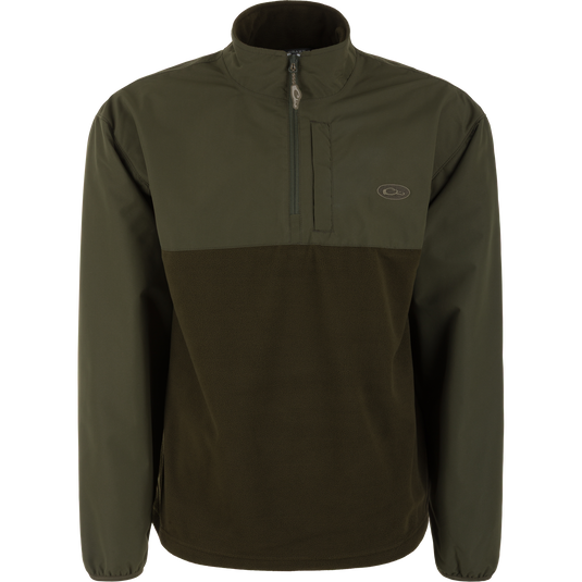 The Waterfowl MST Quarter Zip Refuge Eqwader Jacket features an olive green dual-tone design, chest zip pocket, high collar, oval logo patch, and long sleeves—ideal for layering with breathable waders.