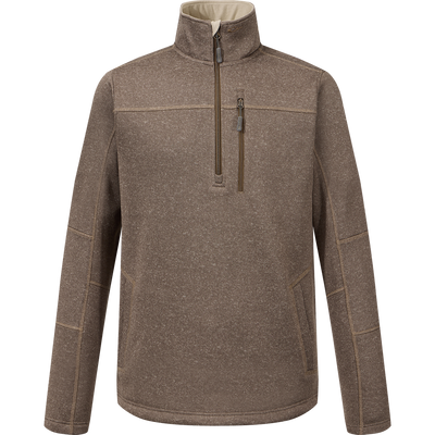 The Sale Fall Brake Sweater Fleece Half Zip in Dark Earth is a long-sleeve, midweight pullover featuring a zippered chest pocket, two side pockets, and soft polyester sweater fleece, shown on a plain white background.