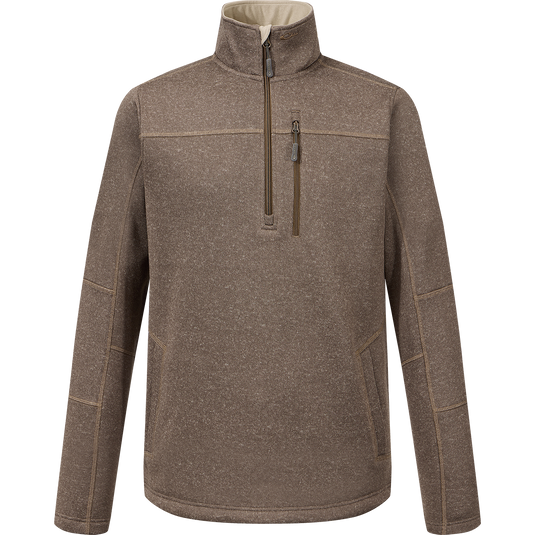 The Sale Fall Brake Sweater Fleece Half Zip in Dark Earth is a long-sleeve, midweight pullover featuring a zippered chest pocket, two side pockets, and soft polyester sweater fleece, shown on a plain white background.