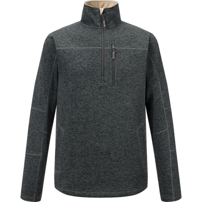 The Fall Brake Sweater Fleece Half Zip by Sale is a midweight, Unexplored Black pullover with long sleeves, a quarter-zip front, and zippered chest pocket in soft polyester fleece, shown on a white background.
