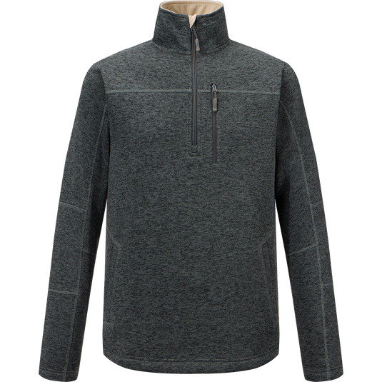 The Fall Brake Sweater Fleece Half Zip by Sale is a midweight, Unexplored Black pullover with long sleeves, a quarter-zip front, and zippered chest pocket in soft polyester fleece, shown on a white background.