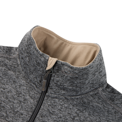 Close-up of the Fall Brake Sweater Fleece Half Zip by Sale—a gray polyester jacket with a high collar, light brown lining, textured fabric, zip chest pocket, and partially zipped branded pull.