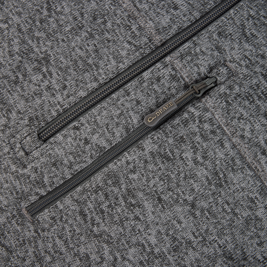 Close-up of the Sale Fall Brake Sweater Fleece Vest in heather gray, featuring two black YKK zippers with Drakes pull tabs set at a parallel angle.