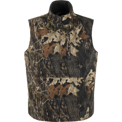 Lifestyle Canvas Sherpa Lined Work Vest in Mossy Oak Original Break Up, a water-resistant, camo-print sleeveless zip-up vest with a high collar and front zippered pockets.
