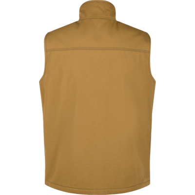 Back view of a tan Canvas Sherpa Lined Work Vest with a high collar.