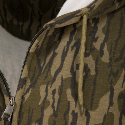 Three End Full Zip Work Hoodie in camo pattern, featuring a metal zipper, lined hood with drawstring, and front slash pockets, ideal for versatile, year-round wear.