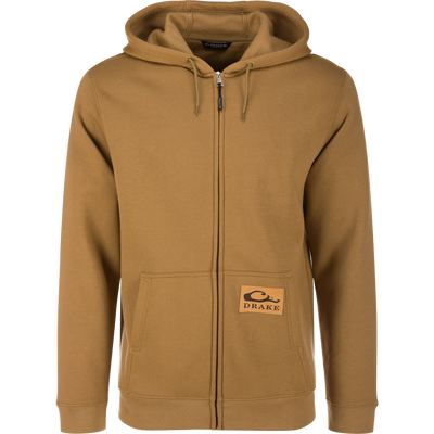 Three End Full Zip Work Hoodie with drawstring hood, front zipper, kangaroo pouch, and Drake logo patch, designed for comfort and mobility.