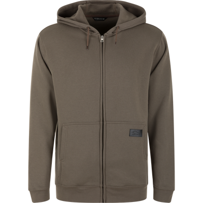 The Lifestyle Three End Full Zip Work Hoodie in Mud Brown features front pockets, a hood with drawstrings, a small black patch on the lower left, and is shown against a white background.