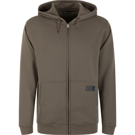 The Lifestyle Three End Full Zip Work Hoodie in Mud Brown features front pockets, a hood with drawstrings, a small black patch on the lower left, and is shown against a white background.