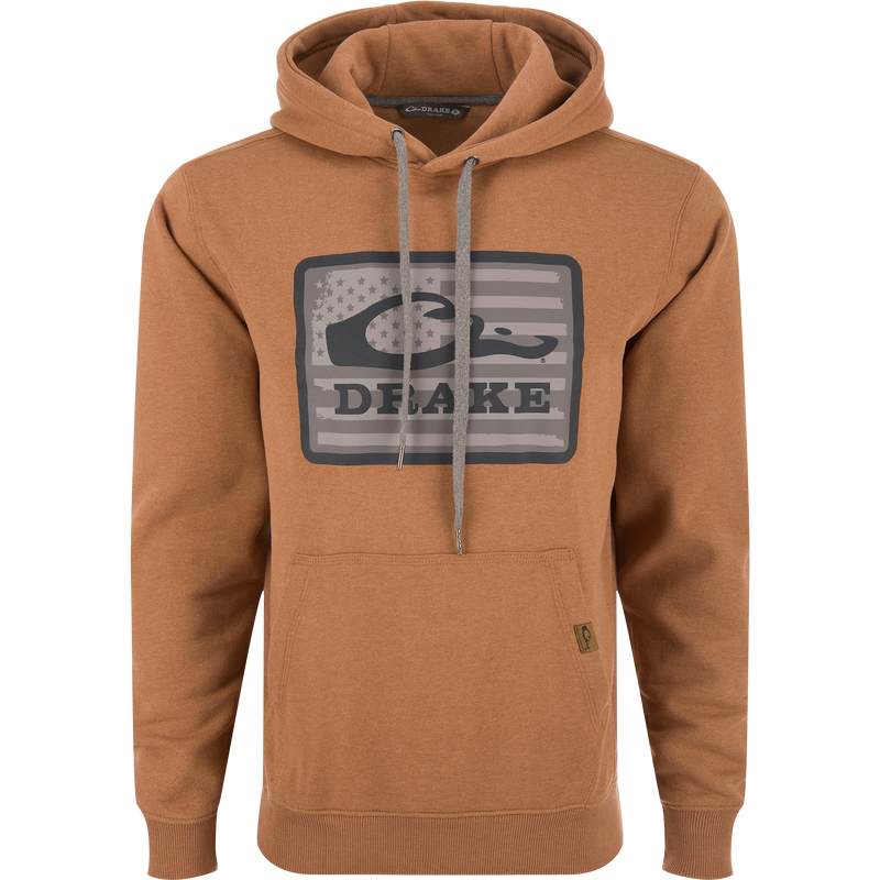 Drake Graphic Work Hoodie with front logo, adjustable hood, kangaroo pocket, and side panels for flexibility, made from a soft cotton-polyester blend.