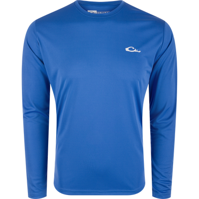 Drake Icon Americana Long Sleeve T-Shirt featuring a white elephant logo, designed for outdoor activities with breathable, quick-drying fabric and UPF 50 protection.