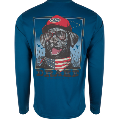 Drake Icon Americana Long Sleeve T-Shirt featuring a dog with sunglasses and a hat, ideal for outdoor activities with UPF 50 protection.