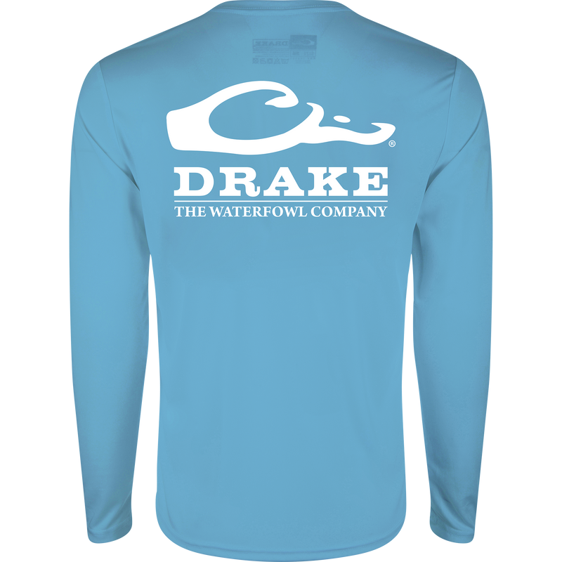 Drake Icon Long Sleeve Performance Crew, lightweight and breathable, features the Drake duck head logo and UPF 50 protection, ideal for outdoor activities.