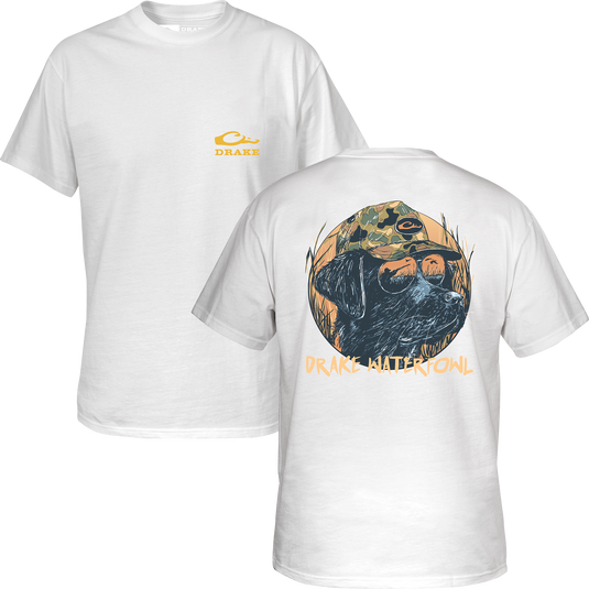 Youth Pop Art Old School Lab T-Shirt featuring a small Drake logo on front and a large graphic of a retriever with goggles on the back.