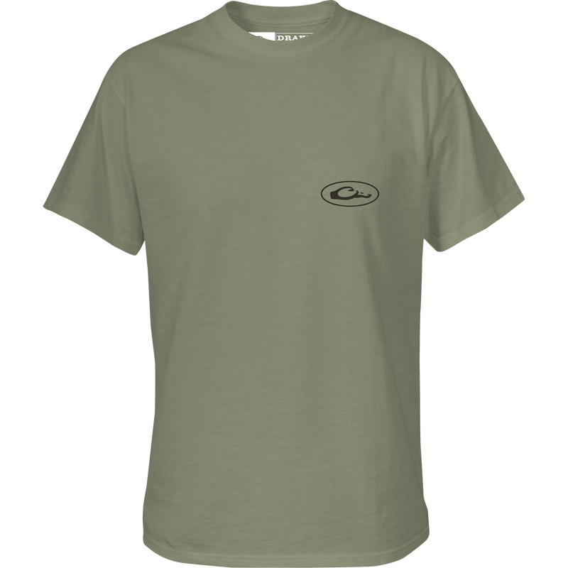 Youth Mud Buggy T-Shirt featuring a black Drake logo and an elephant design, ideal for comfort with its cotton-polyester blend, from Drake Waterfowl's signature series.