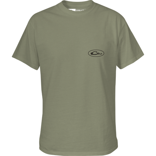 Youth Mud Buggy T-Shirt featuring a black Drake logo and an elephant design, ideal for comfort with its cotton-polyester blend, from Drake Waterfowl's signature series.