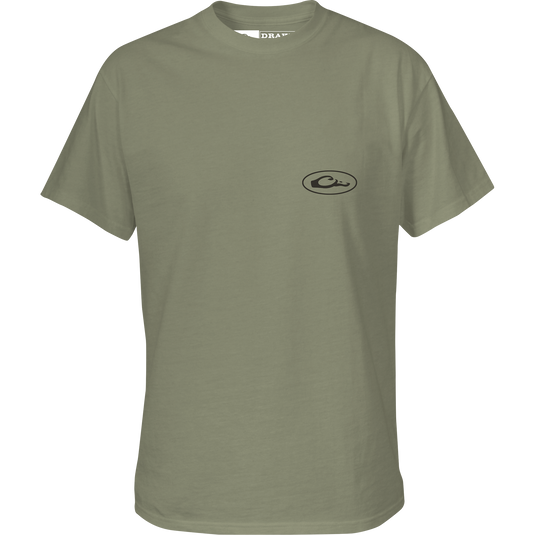 Youth Mud Buggy T-Shirt featuring a black Drake logo and an elephant design, ideal for comfort with its cotton-polyester blend, from Drake Waterfowl's signature series.