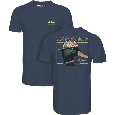 Spellbound Youth Back Cap Mallard T-Shirt by Lifestyle with a small Drake logo on the front and a camo hat duck graphic, “DRAKE” text, and signature logo on the back. Part of the Ducks of Drake Series.