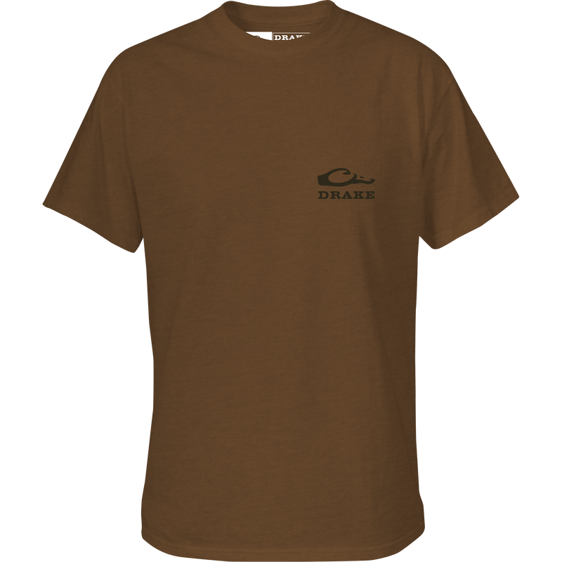 Youth Old School Lab T-Shirt featuring Drake logo on front, Yellow Lab graphic in sweatshirt on back, crafted from soft 60% cotton, 40% polyester blend.