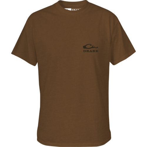 Youth Old School Lab T-Shirt featuring Drake logo on front, Yellow Lab graphic in sweatshirt on back, crafted from soft 60% cotton, 40% polyester blend.