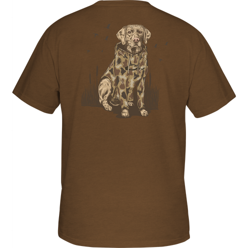 Youth Old School Lab T-Shirt with Drake logo on front, Yellow Lab graphic in sweatshirt on back, made from soft 60% cotton, 40% polyester blend.