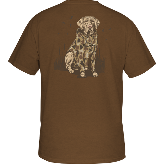 Youth Old School Lab T-Shirt with Drake logo on front, Yellow Lab graphic in sweatshirt on back, made from soft 60% cotton, 40% polyester blend.