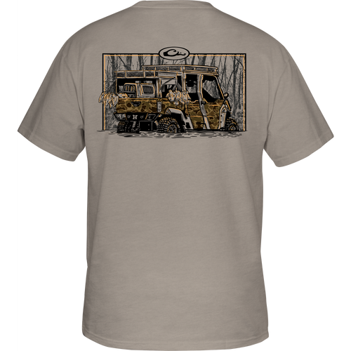Youth Side X Side T-Shirt featuring Drake logo on front and Trucks of Drake Series side-by-side graphic on back, made of soft cotton-polyester blend.