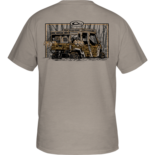 Youth Side X Side T-Shirt featuring Drake logo on front and Trucks of Drake Series side-by-side graphic on back, made of soft cotton-polyester blend.