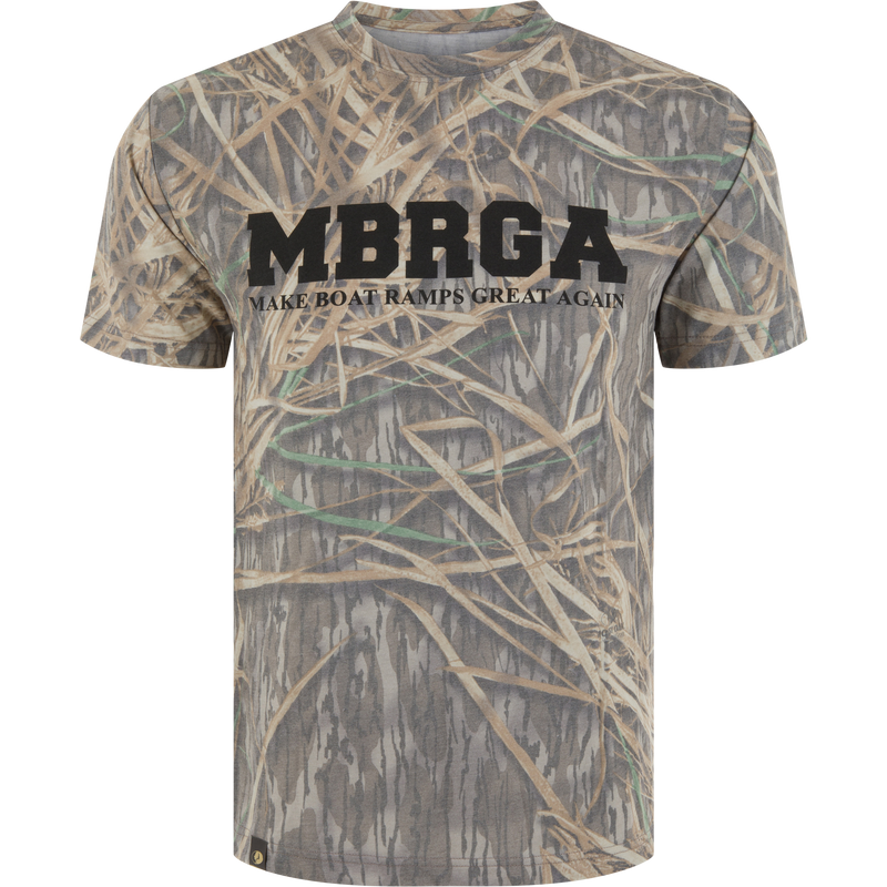 Make Boat Ramps Great Again T-Shirt featuring all-over camo pattern and bold MBRGA print, supporting boat ramp restoration with purchase proceeds.