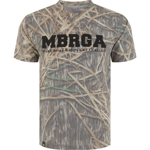 Make Boat Ramps Great Again T-Shirt featuring all-over camo pattern and bold MBRGA print, supporting boat ramp restoration with purchase proceeds.
