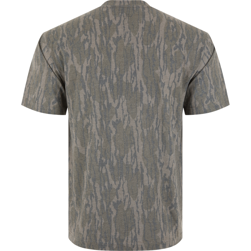 Back view of the Make Boat Ramps Great Again T-Shirt, featuring a wood grain pattern and screen-printed MBRGA logo, supporting boat ramp restoration efforts.