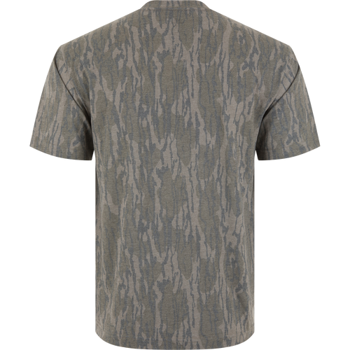 Back view of the Make Boat Ramps Great Again T-Shirt, featuring a wood grain pattern and screen-printed MBRGA logo, supporting boat ramp restoration efforts.