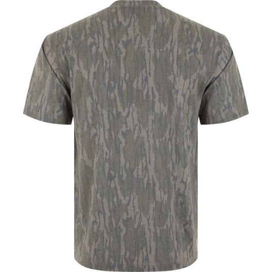 Back view of the Make Boat Ramps Great Again T-Shirt, featuring a wood grain pattern and screen-printed MBRGA logo, supporting boat ramp restoration efforts.
