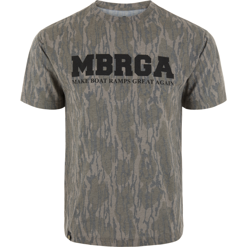 Camouflage-patterned T-shirt with MBRGA and MAKE BOAT RAMPS GREAT AGAIN slogan, displayed on a mannequin, supporting boat ramp restoration.