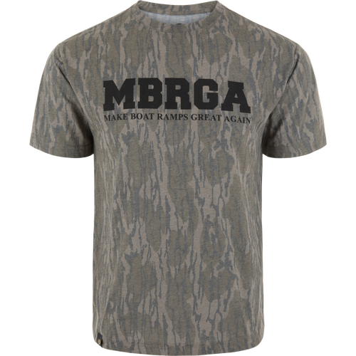 Camouflage-patterned T-shirt with MBRGA and MAKE BOAT RAMPS GREAT AGAIN slogan, displayed on a mannequin, supporting boat ramp restoration.