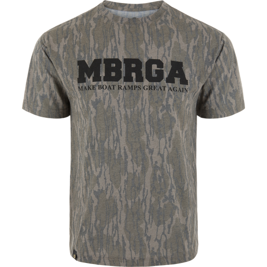Camouflage-patterned T-shirt with MBRGA and MAKE BOAT RAMPS GREAT AGAIN slogan, displayed on a mannequin, supporting boat ramp restoration.