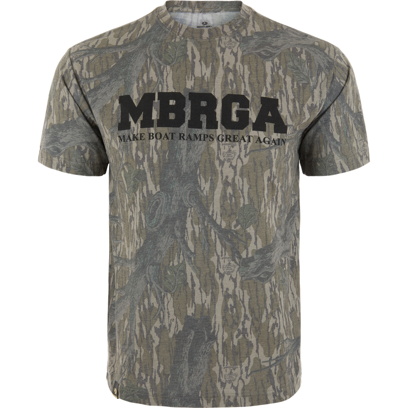 Make Boat Ramps Great Again T-Shirt on mannequin, featuring MBRGA and slogan, supports boat ramp restoration and includes entry to win a Prodigy Boat.