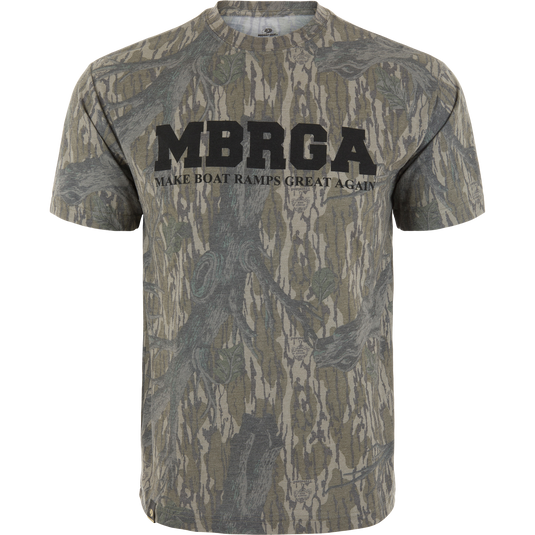 Make Boat Ramps Great Again T-Shirt on mannequin, featuring MBRGA and slogan, supports boat ramp restoration and includes entry to win a Prodigy Boat.