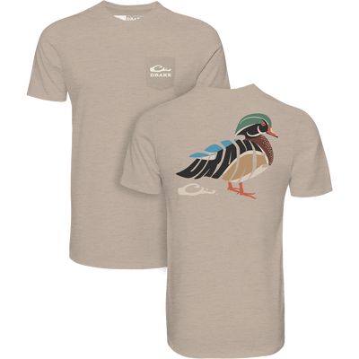 The Woodie T-Shirt by Lifestyle in Spellbound is made from a cotton polyester blend, featuring a colorful duck print on the back and a small Drake logo on the front left chest.