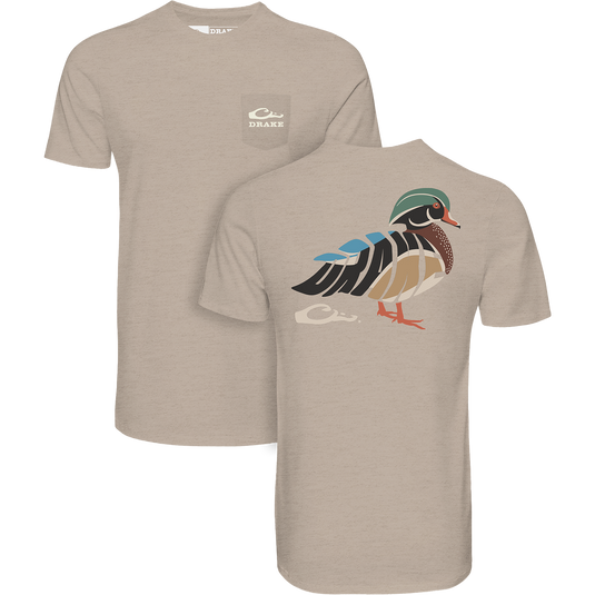 The Woodie T-Shirt by Lifestyle in Spellbound is made from a cotton polyester blend, featuring a colorful duck print on the back and a small Drake logo on the front left chest.