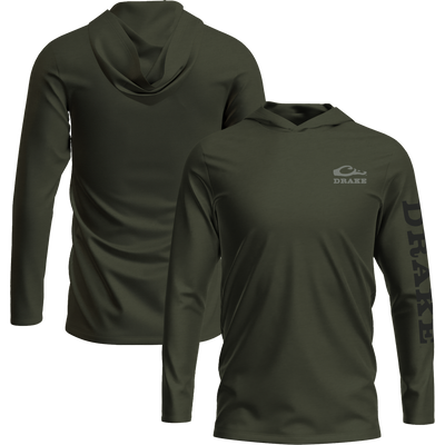 Drake Waterfowl's Logo Long Sleeve Hoodie T-Shirt features an unconstructed hood, with the Drake logo on the front and down the left sleeve.